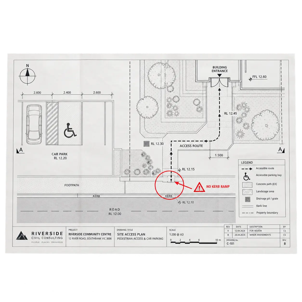 A site access plan with the accessible route flagged where the kerb has no ramp