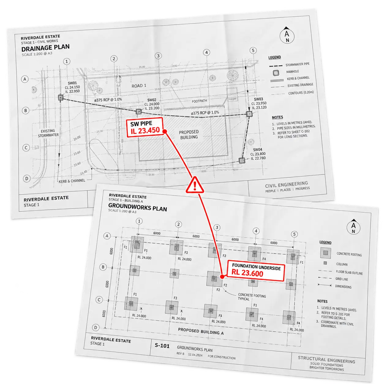 A civil drainage plan and a structural groundworks plan marked up where a stormwater pipe invert clashes with a foundation underside