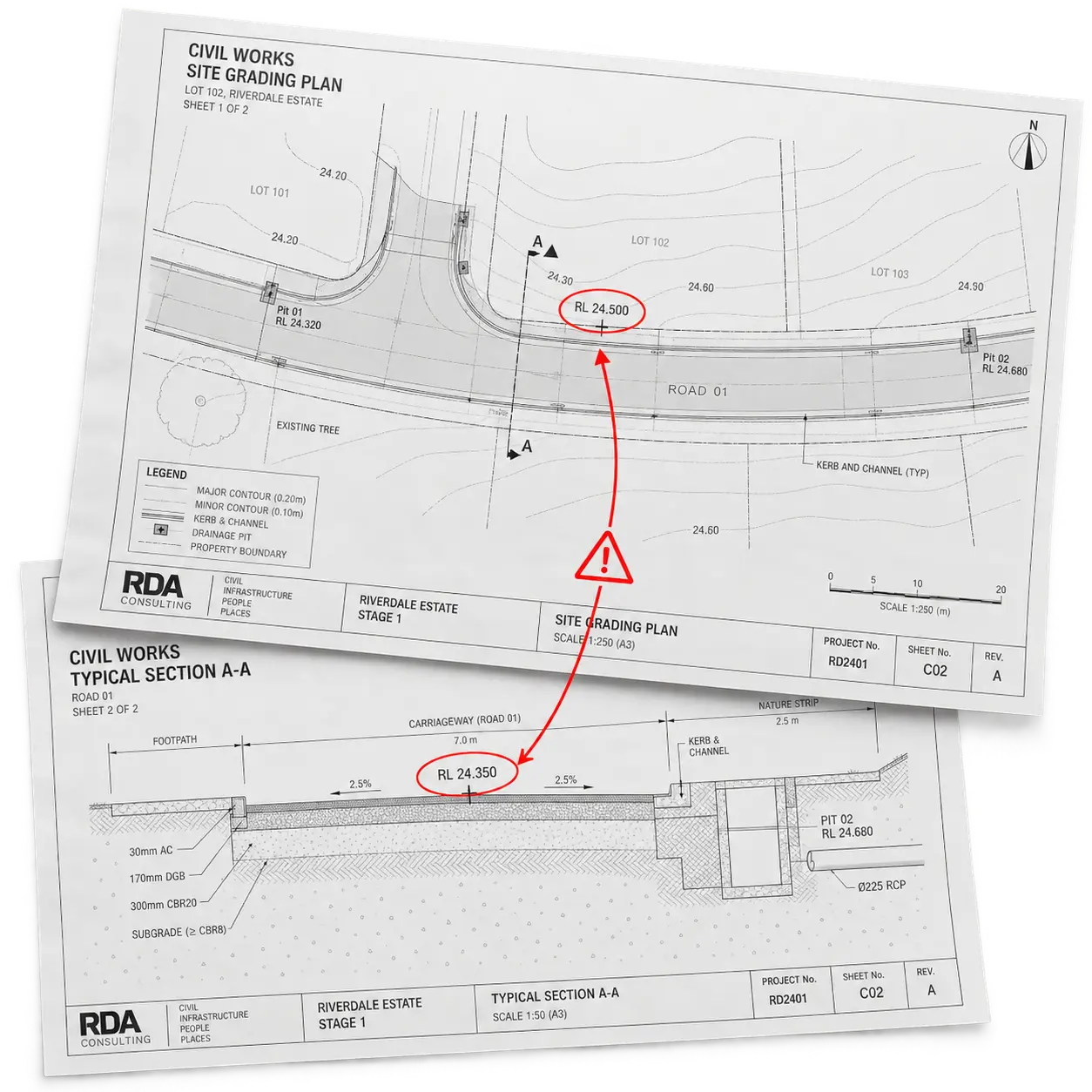 A site grading plan and a typical section marked up where the same road level reads RL 24.500 on one sheet and RL 24.350 on the other