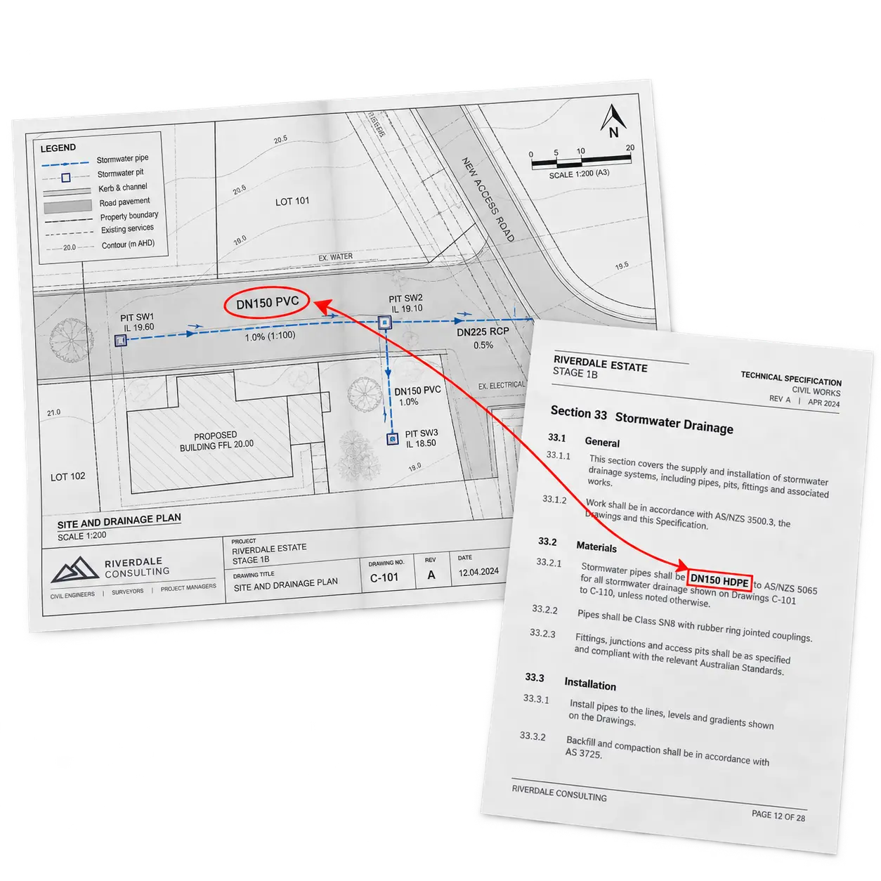 A drainage plan calling up DN150 PVC alongside the technical specification clause requiring DN150 HDPE